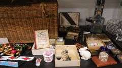 Lot of Wood Carved Beads, Vintage Ladies Compacts, Woven Basket, Carved Figures Etc.