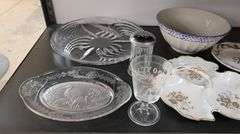 Lot of Clear Glass Serving Platters, Porcelain Dishes, 1976 Goblet Etc.