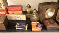Lot of Vintage Vintage Oil Lamps, Stoneware Whiskey Jug, Light in Box, Cigar Boxes Etc.