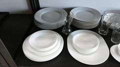 Lot of Corelle Dishes, Brass Colored Flatware & Cups