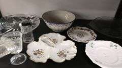 Lot of Clear Glass Serving Platters, Porcelain Dishes, 1976 Goblet Etc.