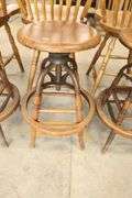 (3) Antique Golden Oak and Metal Industrial Factory Stools