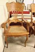 Pair Antique Golden Oak Cane Seat Armchairs, As-Is