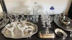 Lot of Crystal Stemware & Cordial Glasses, Liquor Decanter, Silver Plate / Metal Cream & Sugar Etc.
