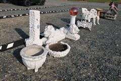 *NO STORAGE* Storm broken gazing ball, Concrete Lions, Bird Baths Etc.