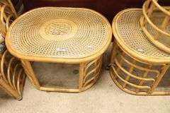 3pc MCM Rattan and Cane Glass Top Table Set