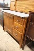 Hoosier Type Stained Kitchen Cabinet with Porcelain Top, Missing Pull on Door