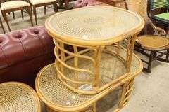 3pc MCM Rattan and Cane Glass Top Table Set