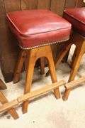 (4) MCM Walnut Bar Stools with Tacked Red Vinyl Seats, Minor Imperfections