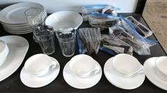 Lot of Corelle Dishes, Brass Colored Flatware & Cups