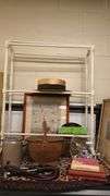 Lot Antique Coffee Grinder, Stoneware Crocks, Carved Wood Nutcracker, Marbles, Framed Art Etc.