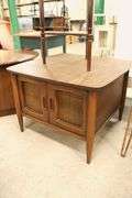 MCM Walnut and Laminate End Table with Caned Doors