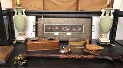 Wine Bottle Corker, Table Scales, Carved Wood Walking Stick, Rooster Tray, Ceramic Table Lamps