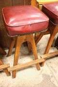 (4) MCM Walnut Bar Stools with Tacked Red Vinyl Seats, Minor Imperfections
