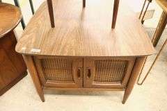 MCM Walnut and Laminate End Table with Caned Doors
