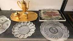 Vintage Clear Pattern Glass Serving / Egg Dishes, French Gilt Cream, Teapot, Sugar & Tray