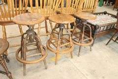 (3) Antique Golden Oak and Metal Industrial Factory Stools