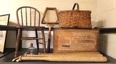 Vintage Wooden Baseball Bats, Salisbury MD Bakery Crate, Chair, Oil Lamp, Basket