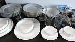 Lot of Corelle Dishes, Brass Colored Flatware & Cups