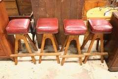 (4) MCM Walnut Bar Stools with Tacked Red Vinyl Seats, Minor Imperfections