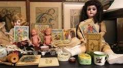 Lot of Antique China Head Dolls, Child's Tea Set, Framed Prints, Doll Clothes Etc.