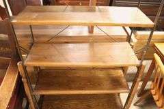 Antique Golden Oak and Metal Factory Shelving Rack