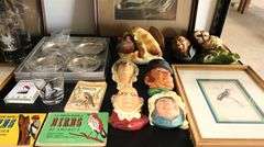 Lot Vintage Dog & Bird Prints, Bird Books & Glasses, Ashtrays, Bossons Busts Etc.
