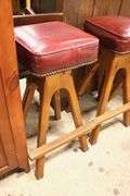 (4) MCM Walnut Bar Stools with Tacked Red Vinyl Seats, Minor Imperfections