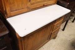 Hoosier Type Stained Kitchen Cabinet with Porcelain Top, Missing Pull on Door