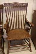 Near Pair Antique Golden Oak Carved Armchairs, Splits to Seats