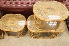 3pc MCM Rattan and Cane Glass Top Table Set