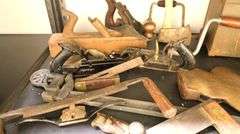 Lot of Vintage Hand Tools, Wood Plates, Drills, Squares, Tool Box Etc.