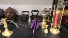 Lot Brass Candlesticks, Duck & Pineapple Door Knocker,, Oil Lamps & Candle Holders Etc.
