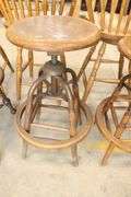 (3) Antique Golden Oak and Metal Industrial Factory Stools