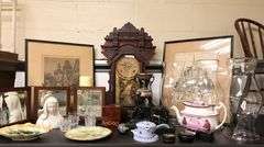 Lot Vintage Framed Prints, Antique Shelf Clock, Folding Shaving Mirror, Majolica Dishes