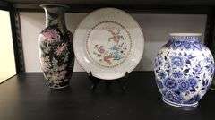 Oriental Lot of 3 Ceramic Vases & Chinese Famille Rose Plate