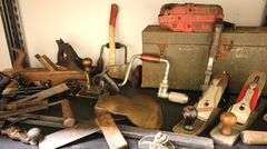 Lot of Vintage Hand Tools, Wood Plates, Drills, Squares, Tool Box Etc.