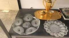 Vintage Clear Pattern Glass Serving / Egg Dishes, French Gilt Cream, Teapot, Sugar & Tray