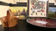 Lot Live Edge Carved Wood Basket, Charger, Lamp with Beaded Shade, Prints & Painting