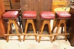 (4) MCM Walnut Bar Stools with Tacked Red Vinyl Seats, Minor Imperfections