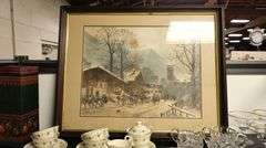 Lot of Pickard China Teacups, Porcelain Dishes, Framed Print & Gold Rim Stemware