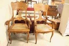 Pair Antique Golden Oak Cane Seat Armchairs, As-Is