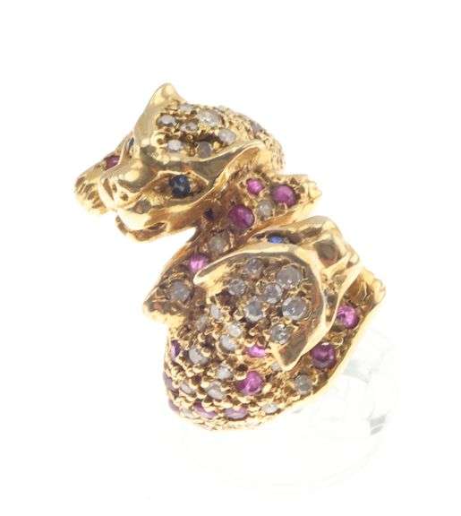 14k Gold Double Panther Diamond, Natural Ruby & Natural Sapphire Ring 11.2