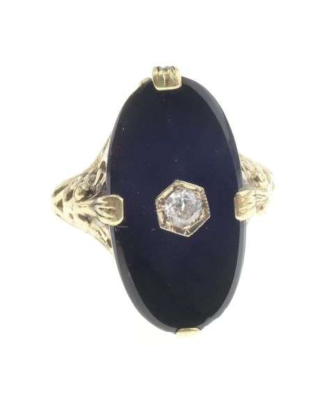 14k Gold Vintage Filigree Onyx & Diamond Ring 4.0g