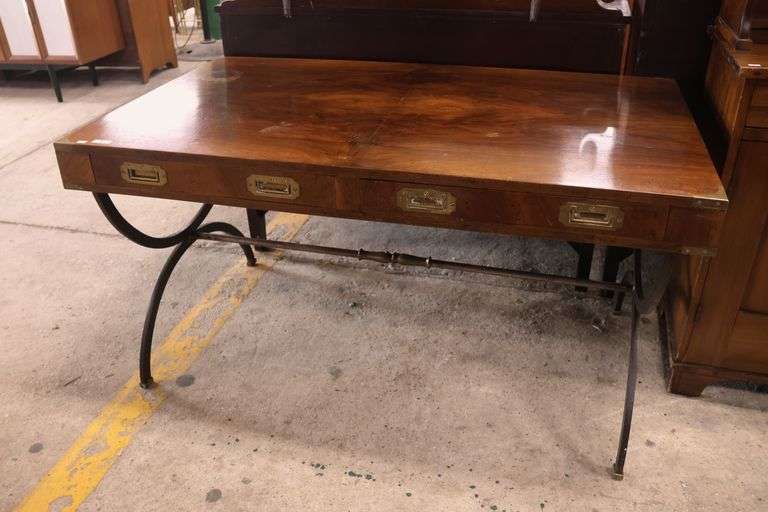 Italian MCM Brass-Mounted Walnut and Wrought Iron Campaign Desk, Marks on Top