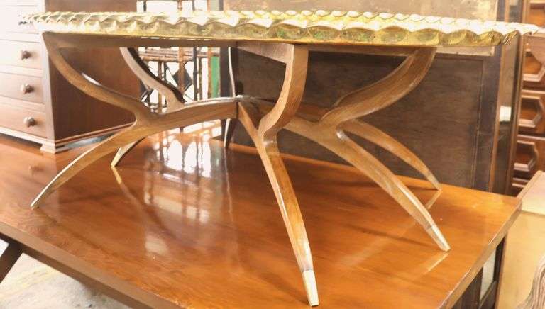 MCM Walnut Folding Coffee Table with Brass Ethnographic Tray Top
