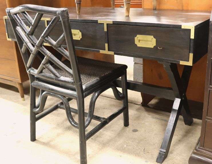 MCM X-Base Campaign Style Desk with Rattan Chair