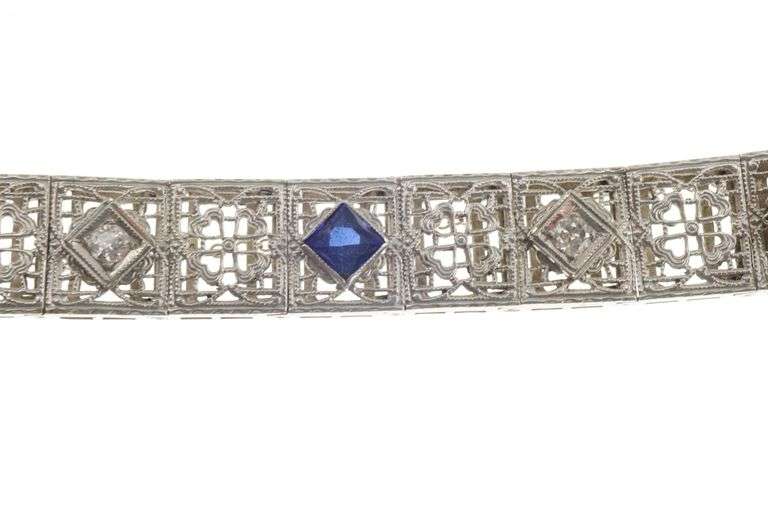 14k Gold Vintage Filigree Diamond & Lab Sapphire Bracelet 11.7g