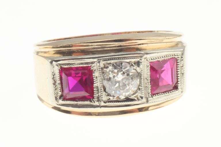 14k Gold Vintage 0.35 ct Diamond & Lab Ruby Ring 5.4g