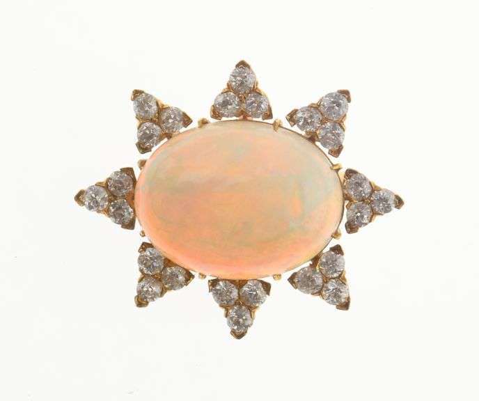 14k Gold Vintage Cabochon Opal & 1.60 ct Diamond Pin/Pendant 10.4g